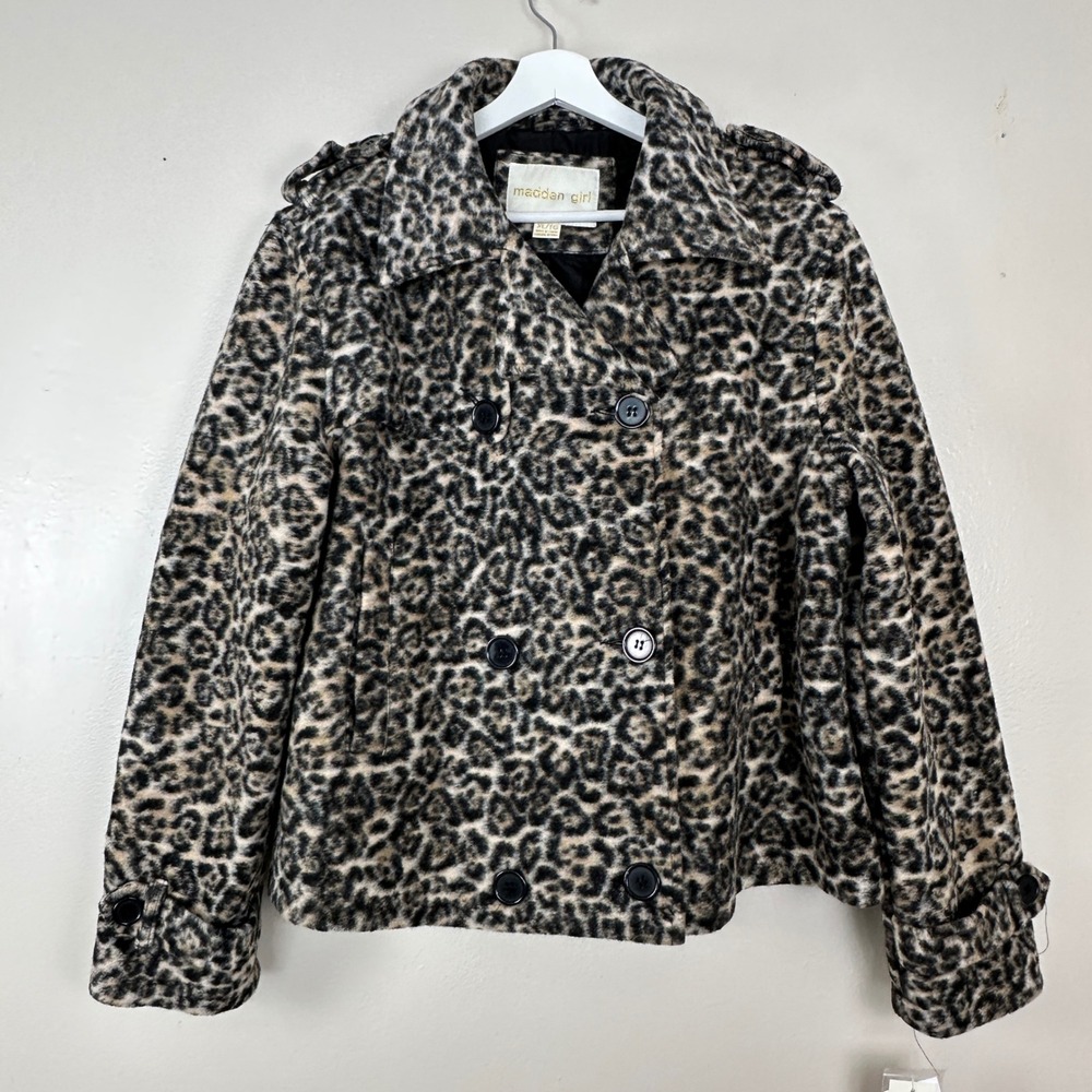 Madden Girl Women's XL Pea Coat Leopard Print Faux Fur Double‎ Breasted Y2K NEW